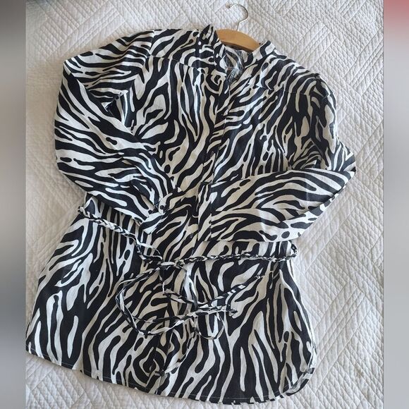 Carole Little 100% linen zebra tunic style button front brided belt blouse - Picture 13 of 14